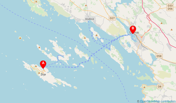 Map of ferry route between Zirje and Sibenik